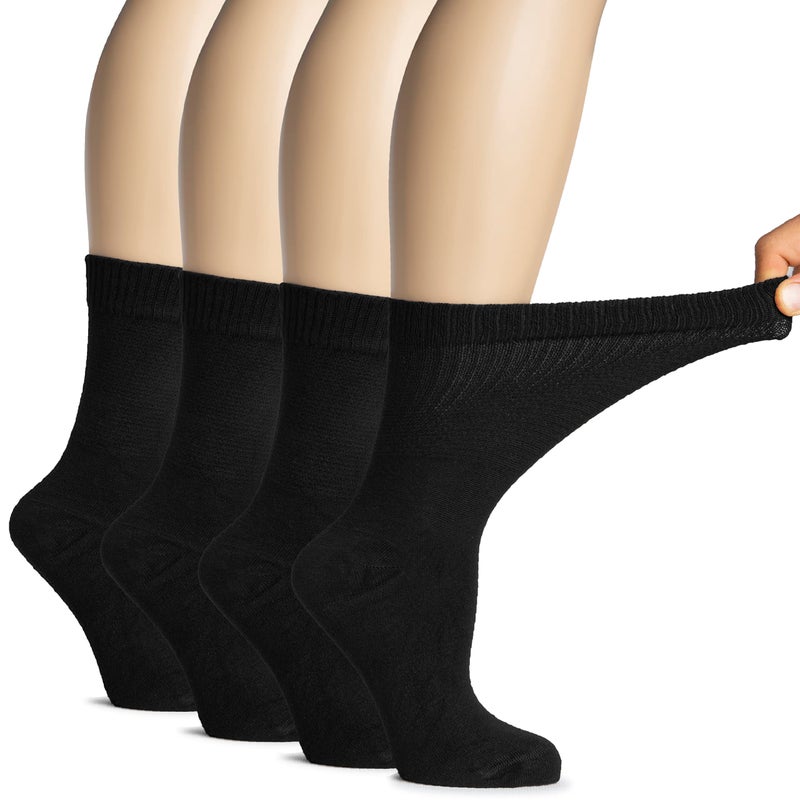 Hugh Ugoli Women's Rayon derived from Bamboo Diabetic Crew Socks, Thin, Loose Fit, Soft, Wide Stretchy, Seamless Toe, 4 Pairs, Black, Shoe Size: 9-12 - Image 1